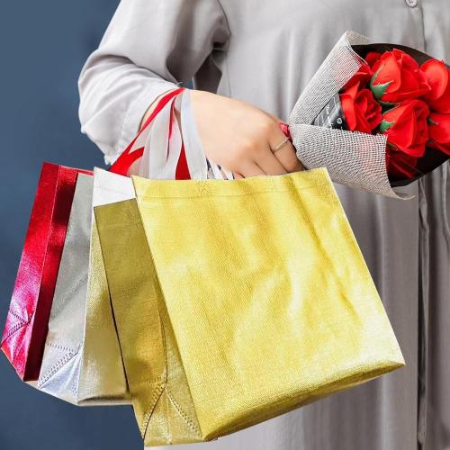 Glossy Silvery White Large Gift Bags with Handle 20-Pack,Reusable Non-woven Party Favor Bags with Sturdy Base for Birthday Wedding Easter,15.75x11.81x4.72 Inches (Silvery white, M)