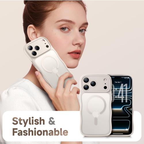 for iPhone 17 Pro Max Case for Women Girls,【Compatible with MagSafe】,【Camera Control】,【Full Camera Protection】, Cute Wave Magnetic Phone Case for iPhone 17 Pro Max,Stone