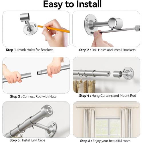 YaFex Heavy Duty Curtain Rods 32-60 Inch, 1 Inch Adjustable Curtain Rod for Windows, Silver Short Window Treatment Rods with Aluminium Finials, Easy Installation