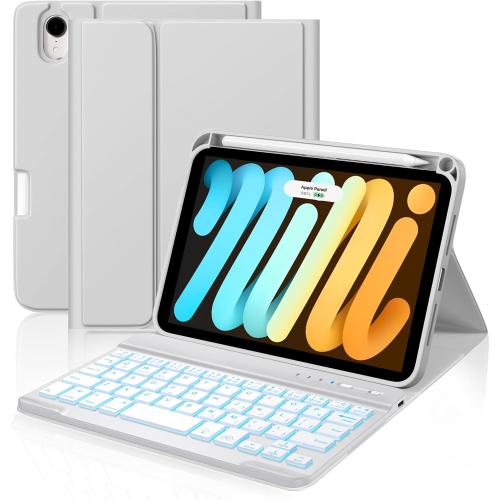 for iPad mini 7 Keyboard Case A17 Pro 2024/iPad Mini 6 Generation Case with Keyboard 2021 8.3 Inch, Pencil Holder, 7 Color Backlit Detachable Keyboard Cover for iPad mini 7th/6th Gen,Grey