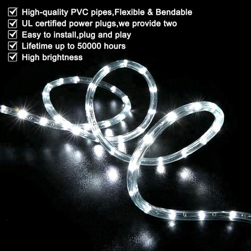 SURNIE Rope Lights Outdoor Waterproof Daylight White: LED 50FT Cuttable Outside Bright 110V Lighting Connectable Flexible Plug Cool Clear Tube, Indoor Deck Patio Xmas Camping Decor, Not Flat Strip