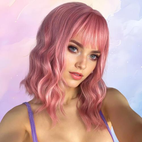 14 Pink VCKOVCKO 14Inches Loose Wave Bob Wig Wavy Pink Bob Wig with Air Bang Curly Hair Wigs Synthetic Cosplay Party Wigs for Women (14Inches,Solid Pink)