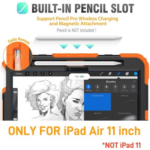HXCASEAC Rugged Case for iPad Air 11 inch M3 M2 (2025 2024), Heavy Duty Protective Design with Pencil Holder, Built-in Screen Protector, Rotating Stand, Hand Strap, for iPad Air 11 Hard Case (Orange)