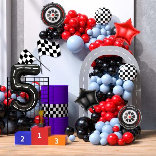 Race Car Balloons,40 Inch Racetrack Number 5 Balloon,Big Number Balloons Black for 0st Birthday Race Car Theme Party Decor Supplies 7 Pcs