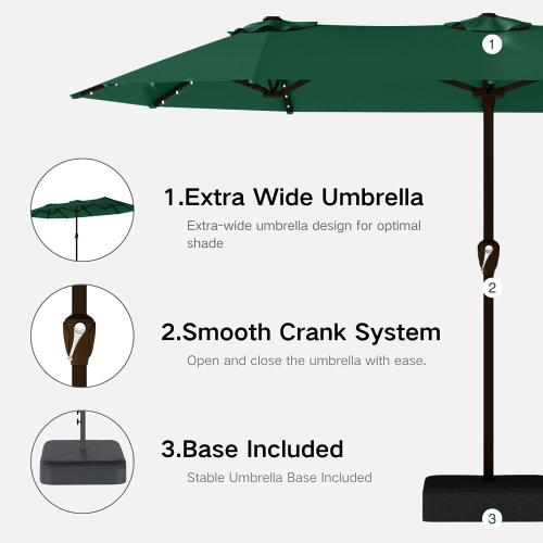 Kingdura 15ft Large Patio Umbrella with Solar Lights, Double-Sided Rectangle Outdoor Table Umbrella with Base Included, 12 Reinforced Ribs, 48 Led Lights, Crank Lift for Market Pool Deck, Dark green