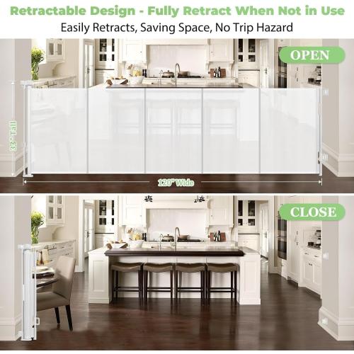 White Reinforced 120 Inch Extra Long Retractable Baby & Dog Gate with Support Rods Prevents Crawling Under, 10 Ft Wide for Large Openings, Indoor/Outdoor Gate, White