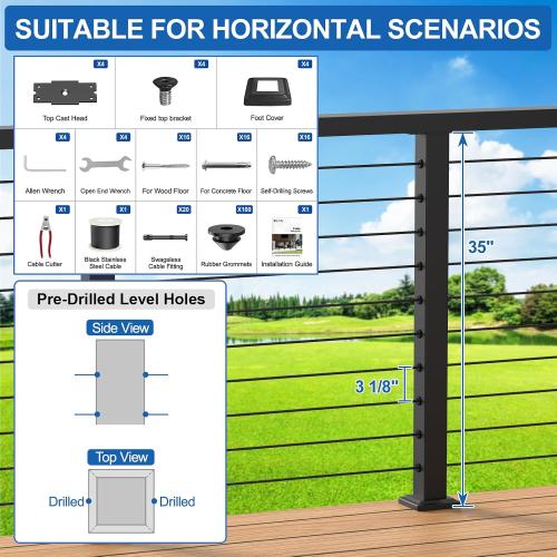 BLACK 4-12ft Complete Set 36 Cable Railing Post Kits, Stainless Steel Black Level Drilled Line Posts(35x2x2)4 Pack, 1/8 Wire Rope with Cutter(No Handrail), Swageless Deck Cable Railing, MY07-LP