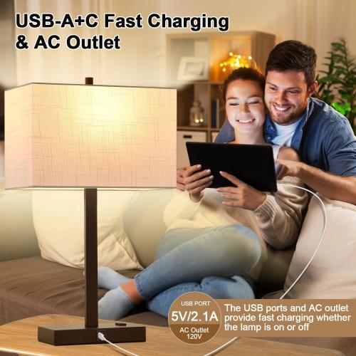 21 Touch Bedside lamps with 2 USB & AC Outlets, 3-Way Dimmable Bedside Table Lamps Set of 2 for Bedroom Living Room Office Reading, White Shade Lamps for Night Stands, 2700K LED Bulbs Included