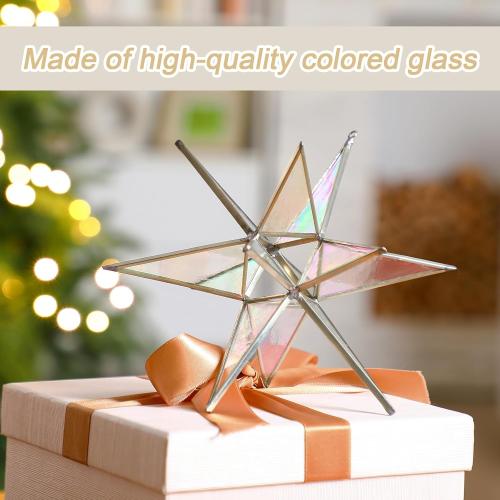 7 Inch Moravian Star Christmas Tree Topper Moravian Stained Glass Star Ornament Iridescent Christmas Tree Decoration Colorful Window Hanging Decoration Church Gift(White)