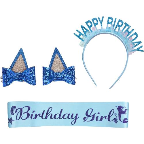 5T-6T Girls Blue Birthday Outfit Set, T-Shirt and Tutu Dress, Blue Headband and Satin Sash for Birthday &Christmas Party