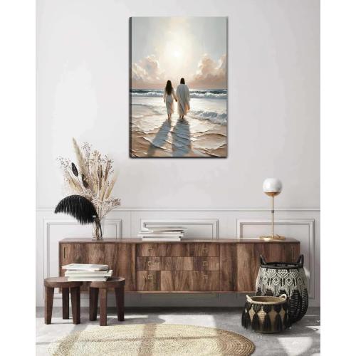 Jesus Canvas Wall Art Jesus Woman Walking on Water Wall decor pictures Religious Coastal Painting Christian poster prints for living room bedroom Home Decoration Ready to hang (24inx36in Canvas)