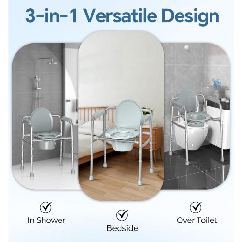 3-in-1 Bedside Commode with Sturdy Dual-Crossbar Support Construction, Stable Commode Chair with 7.5Qt Bucket, 350 Lbs Weight Capacity, Grey