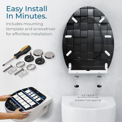 Sanilo Wooden Toilet Seat with Quick Release & Soft Close [ELONGATED] - Decorative & Slow Close Molded Wood Seat - With One Click for Easy Installation & Cleaning - With Adjustable Fit (Cube)