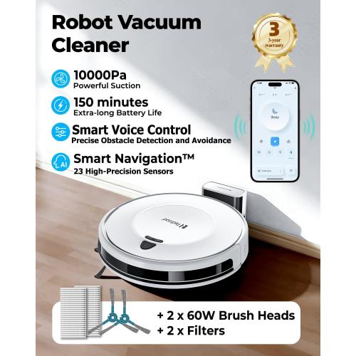 Robot Vacuums,10KPa Robotic Vacuum Cleaner with Mapping,Lidar Navigation&Obstacle Avoidance,150mins Robot Vacuum with App/Alexa/Remote,Tangle-Free Pet Hair,Self-Charging (White)