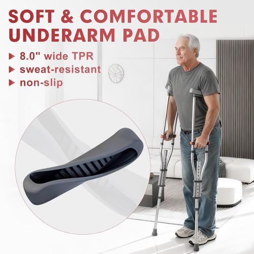 Aluminum Underarm Crutches for Adults & Seniors, Adjustable Height 38.2-61.8 in (16 Levels), Lightweight 2.0 lb Each, 300 lb per Pair, Non-Slip Tips, Tool-Free Setup, Push-Pin Locking