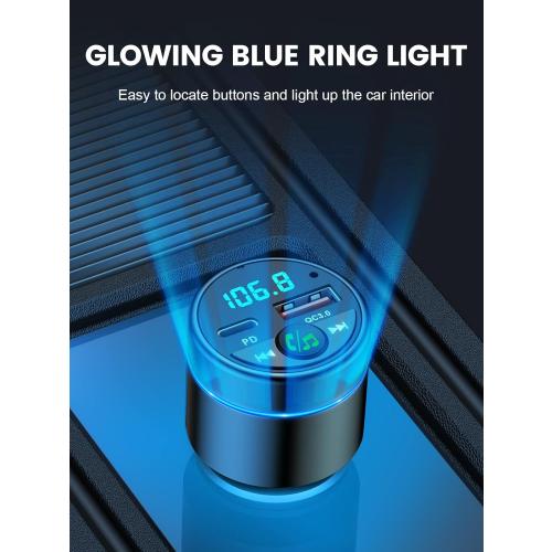 FM Transmitter for Car Bluetooth 5.3, [All-Metal] PD 30W & QC3.0 18W Fast Car Charger, Wireless FM Radio Car Kit Bluetooth Car Adapter, Noise Cancelling Hands-Free Call, Blue Light - Black