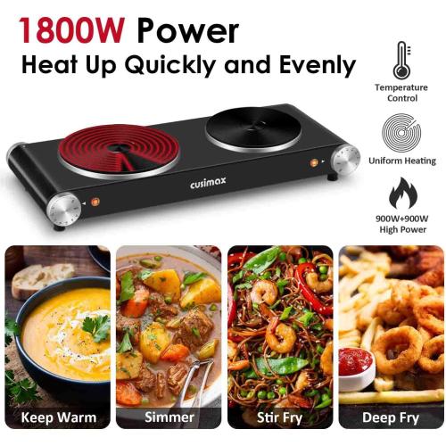 Cusimax Hot Plate for Cooking 1800W Portable Electric Double Burner Countertop Cooktop Cast Iron Stove Heating Plate with 7 Power Levels Adjustable Temp Control, Compatible for All Cookwares