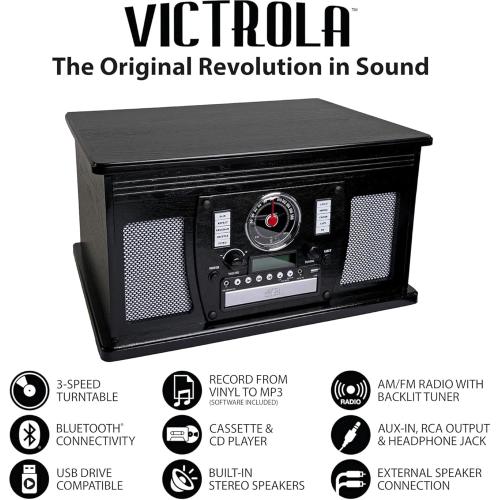 Victrola Aviator 8-in-1 Bluetooth Record Player & Multimedia Center with Built-in Stereo Speakers - 3-Speed Turntable, Vinyl to MP3 Recording, Wireless Music Streaming, Mahogany