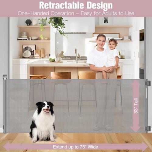75-Inch Wide Retractable Baby Gates No Drilling, Retractable Pet Gate Extra Wide Baby Gate for Stairs No Drilling Dog Gate Retractable Indoor Stair Gate for Kids and Pets, Indoor & Outdoor, Gray