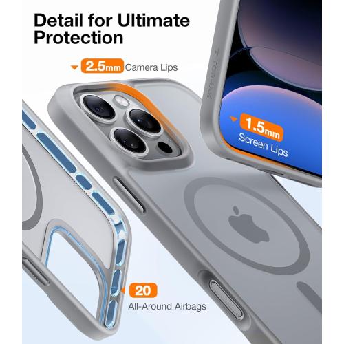TORRAS for iPhone 16 Pro Case Translucent Matte Back/Natural Titanium Gray Edge | Compatible with MagSafe, Military Grade Drop Protection, Stronger Magnetic, Shockproof Airbag, Color Button, Slim