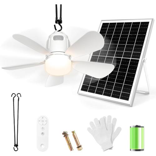 White 20 Solar Ceiling Fan Light, 20000mAh Portable Gazebo fan with 30W Solar Powered Fan with Remote Control, Outdoor Ceiling Fan with Light for Patios, Canopy, Shed, RV, Porch and Chicken Coop