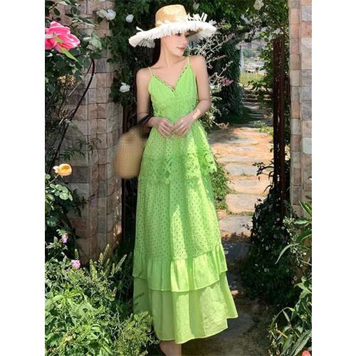 Size L/XL..SUNFERE.  .. Women's Vintage Hollowed Out Backless Holiday Slip Long Dress V-Neck Ruffle Lace Cake Party Dress