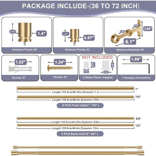 Double Curtain Rod 36 to 72 Inch,1 Inch Heavy Duty Curtain Rods for Windows with Solid Aluminum Cylindrical Finials and Bracket,1’’ Front and 5/8’’ Back Telescoping Double Drapery Rod,Warm Gold
