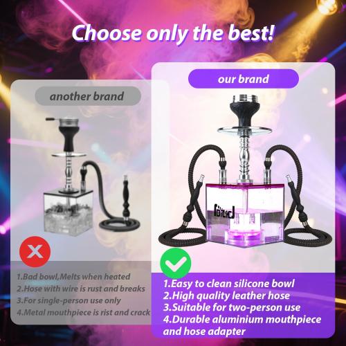 Acrylic Cube 2 Hose Shisha Large Hookah Set with Everything Included, Large Cloud Performance LED Light Hookah Machine, Perfect for Parties & Travel (Purple)