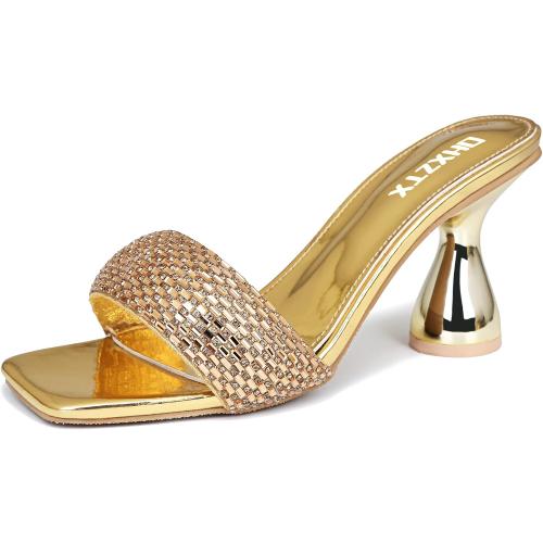 SIZE 9 Women's Rhinestone Chunky Heel Mules Sandals Square Open Toe Slip On Kitten Heeled Backless Slides Slippers Fashion Wedges Pumps Dress Shoes Sexy