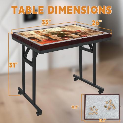 Doerpuz Puzzle Table with Folding Legs, 1500 Pieces Puzzle Table for Adults with Drawers, Cover, Wheels, 5 Adjustable Up Angles Wooden Jigsaw Puzzle Board for All Ages