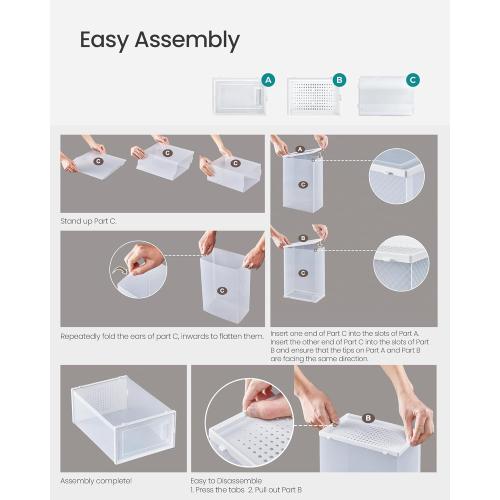 SONGMICS Shoe Boxes, Pack of 12 Shoe Storage Organizers, Stackable Clear Plastic Boxes for Closet, Sneakers, 13.1 x 9.1 x 5.6 Inches, Transparent and White ULSP12SWT