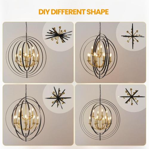 WJShome 31.5 Black and Gold Chandelier, 12-Light Modern Chandelier for Entryway, Round Pendant Light Fixtures, Large Foyer Chandeliers for High Ceilings, Adjustable Hanging Ceiling Lighting Fixtures