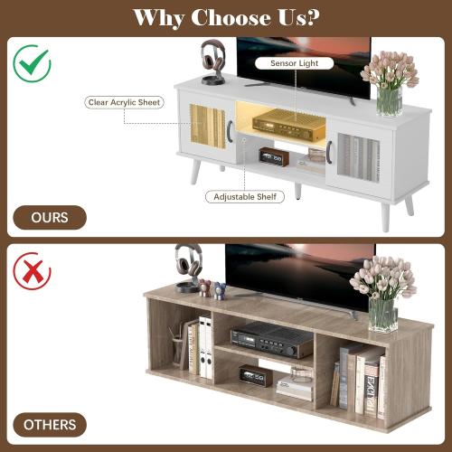 Wood TV Stand for TV, Mid Century Modern Entertainment Center with Adjustable Shelf, Sensor LED Light, 2 Cabinets, TV Media Console for Living Room Bedroom White