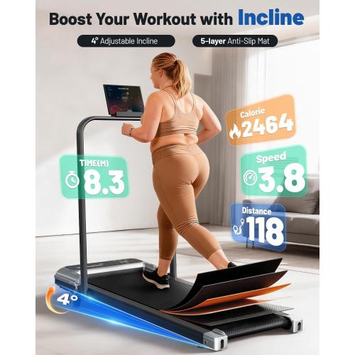 Walking Pad Treadmill with Handle Bar and Adjustable Incline, Compact Portable Treadmills for Home Office, 2.5HP Quiet Anti-Slip Under Desk Treadmills, 0.6-3.8 MPH Remote Speed Control, 265 LBS