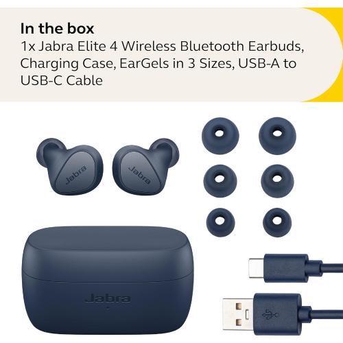 Jabra Elite 4 True Wireless Earbuds - Active Noise Cancelling Headphones - Discreet & Comfortable Bluetooth Earphones, Laptop, iOS and Android Compatible - Navy (Renewed)