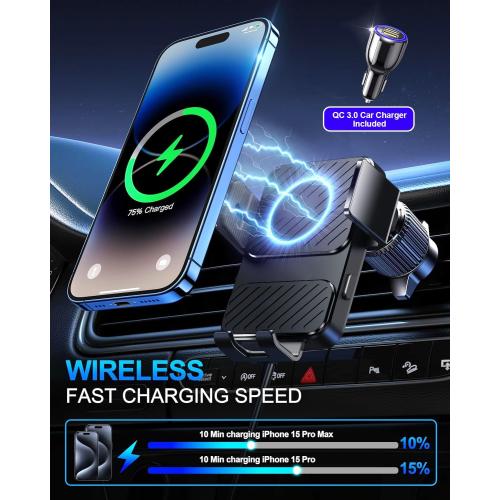 Wireless Car Charger, Phone Holders for Your Car 15W Fast Charging Auto Clamping, Air Vent Car Phone Mount for iPhone 17 16 15 14 13 Mini Pro Max XR, Samsung Galaxy S25 Ultra S24 S23 S22 S21