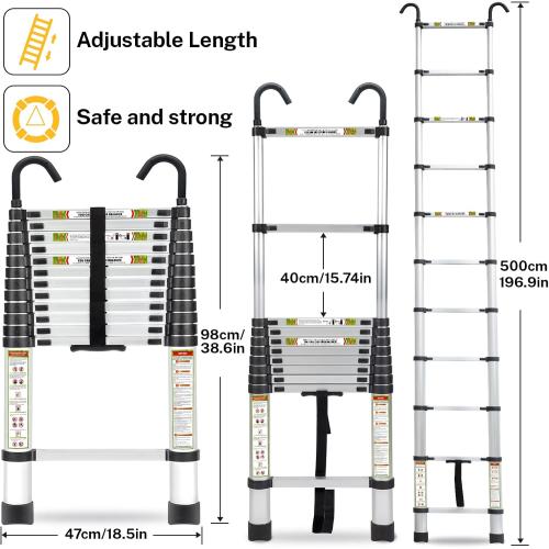 Telescopic Ladder, 16.5FT Aluminum Telescoping Ladder with Stable Hook and Non-Slip Feet, RIKADE Portable Extension Ladder for Household and Outdoor Working, 330lb Capacity