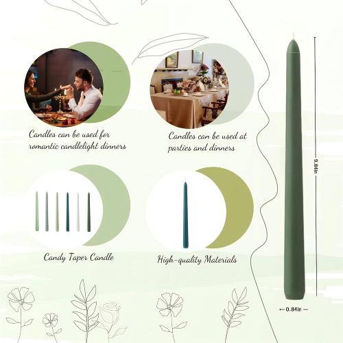 6Pcs Taper Candles Green Set,10 Inch Gradient Color Green Candle Sticks,Unscented Dripless Taper Candlesticks for Romantic Natural Themed Wedding Party Kitchen Home Dining Spring Decor