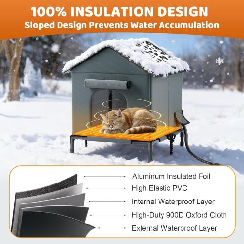 Heated Cat House for Outdoor Cats in Winter, Weatherproof Insulated Outside Cat House with Heating Pad, Warm Home for Barn Feral Stray Indoor/Outdoor Cat with Waterproof Elevated Base