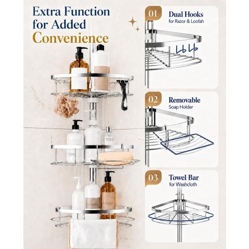 Rustproof Shower Corner Caddy Organizer for Bathroom, 4 Adjustable Shelves with Tension Pole, for Bathtub Shampoo Accessories Storage Holder, 34 to 116 Inch Height, Silver