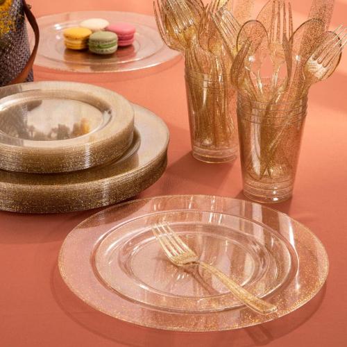 I00000 102PCS Gold Glitter Plastic Plates, Gold Glitter Disposable Plates Clear Plastic Party Plate Include 51 Dinner Plate 10.25 and 51 Dessert Plate 7.5 for Parties &Wedding