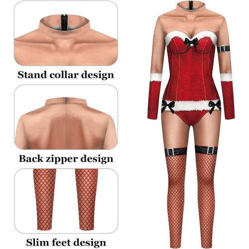 Size small Panegy Women's Ugly Christmas Bodysuit Romper Zipper Long Sleeve Jumpsuit Outfit Realistic Novelty Costume Onesie for Christmas Halloween Party Nightclub Cosplay with Stocking Hosiery