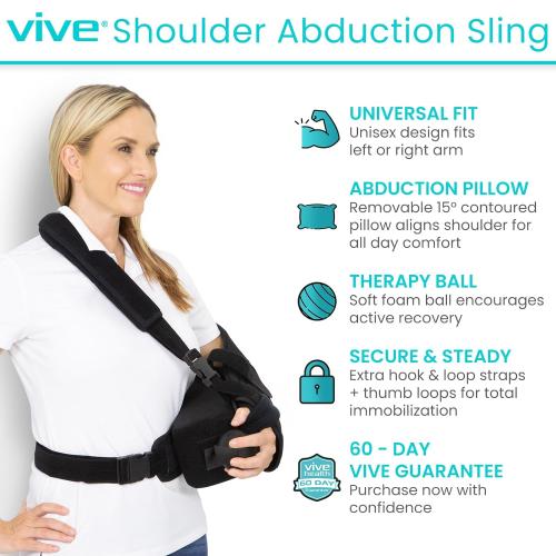 Vive Shoulder Abduction Sling - Immobilizer for Injury Support - Pain Relief Arm Pillow for Rotator Cuff, Sublexion, Surgery, Dislocated, Broken Arm - Brace Includes Pocket Strap, Stress Ball, Wedge