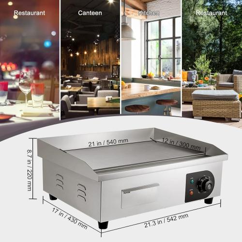VEVOR Commercial Electric Griddle, 22, 1600W Countertop Flat Top Griddle, Stainless Steel Teppanyaki Grill w/Iron Cooking Plate, 122-572℉ Adjustable Temp Control 2 Shovels & Brushes, 110V