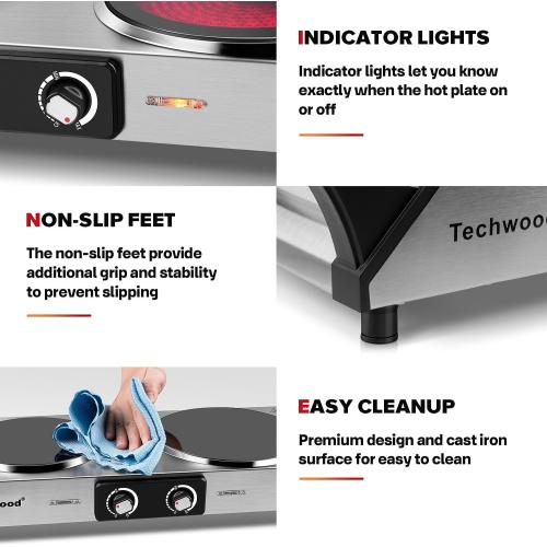 Techwood Electric Stove, Double Infrared Ceramic Hot Plate for Cooking, Two Control Cooktop Burner, Portable Anti-scald handles Suitable for Office/Home/Camp Use, 1800W Compatible for All Cookwares