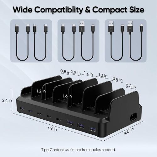 300W Charging Station for Multiple Devices, 8 Port Multi USB C Fast Charger Station Dock for MacBook iPhone 17/16/15/14/13/12 Samsung Pixel Series iPad, Black (6 Mixed Short Cables Included)