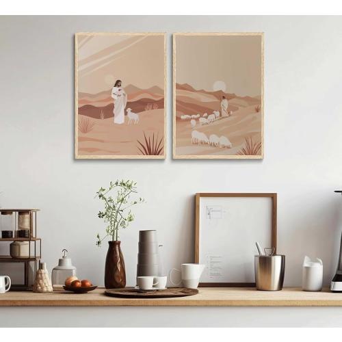 2Pcs Jesus And The Lamb Wall Art Shepherd Canvas Wall Decor Leads Lost Lamb Painting Picture Jesus Leaves The 99 Poster Print or Church Prayer Room Bedroom Home Decoration Unframed