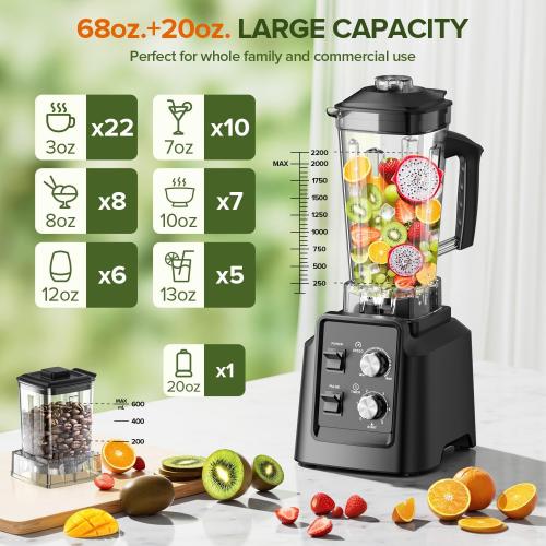 Blender for Smoothies, Blender with 68Oz. Pitcher & 20Oz. Grinder, 28000 RPM Blenders for Kitchen, Ice Crushing, Frozen Fruits, Blending, Black