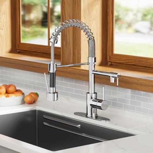 Dual Spout Kitchen Faucet with Pull Down Sprayer, Chrome Stainless Steel Commercial Sink Faucet, Single Handle, 1 or 3 Hole Install, for Farmhouse RV Laundry Utility Wet Bar