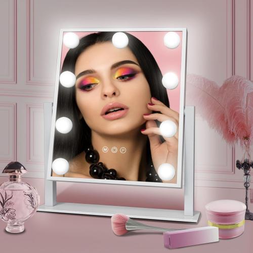 WHITE Hollywood Vanity Makeup Mirror with Lights - 9 LED Bulbs, Touch Control, 3 Colors Light, 360° Rotation, Light Up Vanity Mirror for Dressing Room & Bedroom